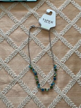 Vintage Napier necklace and hoop earring set.  NWT.  Green and blue rhinestones.